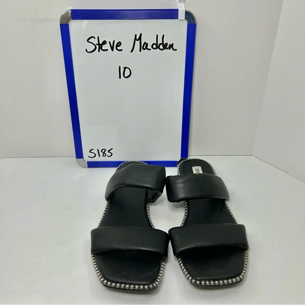 Steve Madden Frita Black Puff Strap Metal Stud Flat Slide Sandals Size 10